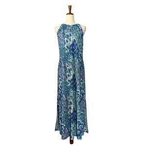 Anne Klein Blue Green Peacock Print Sleeveless Maxi Dress Size 14 Vacation